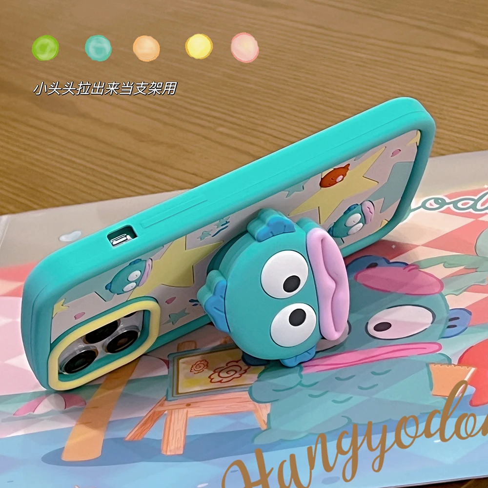 3D Cartoon Sanrios Hangyodon Telescopic Bracket Phone Case for IPhone 15 14 13 12 11 Pro Max Soft Silicone Back Cover Gift