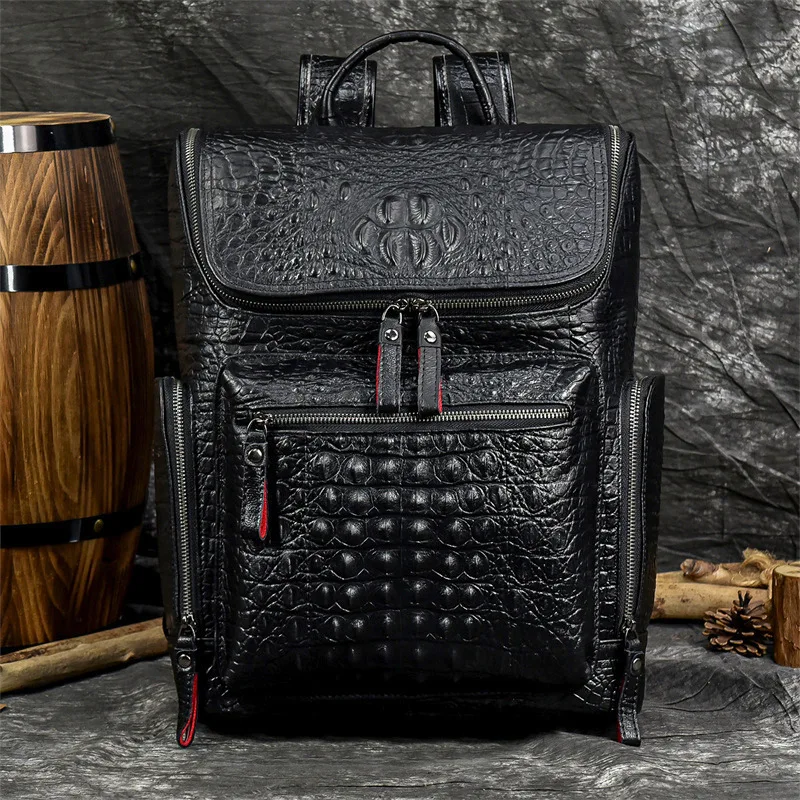Men's large capacity multi-pocket backpack real leather crocodile print computer storage leather travel bag