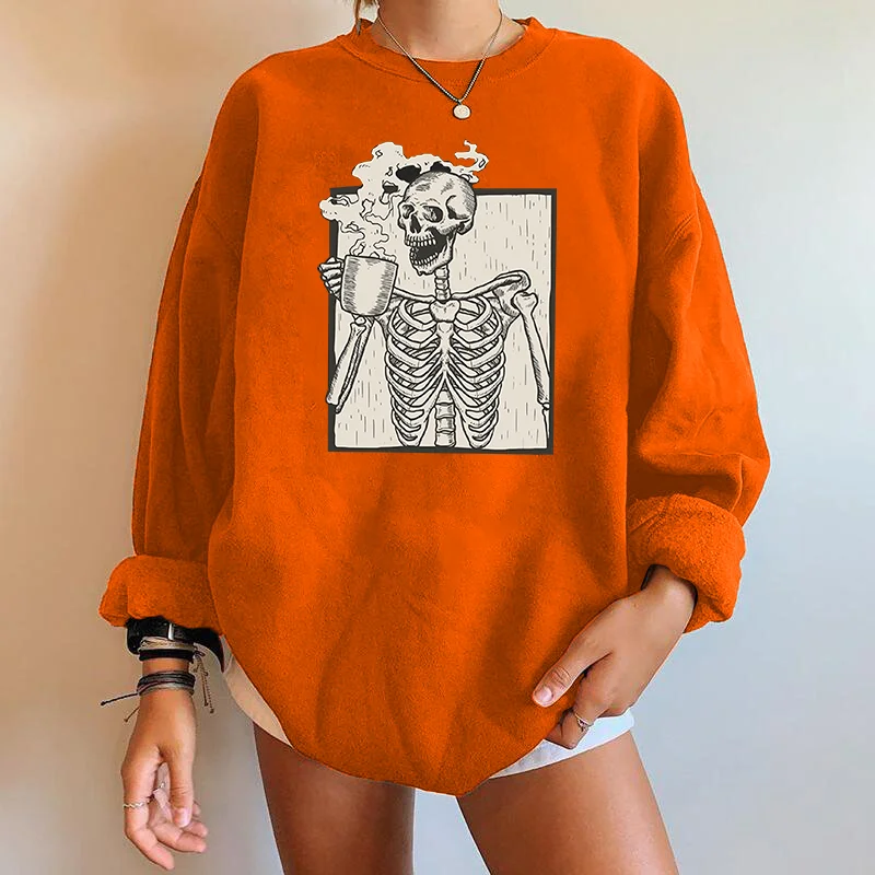 Seeyoushy Drinking Tea Skull Skeleton Funny Women Sweatshirts Pullovers Y2K Sweatshirts Top Clothes Winter Moletom Feminino 2023