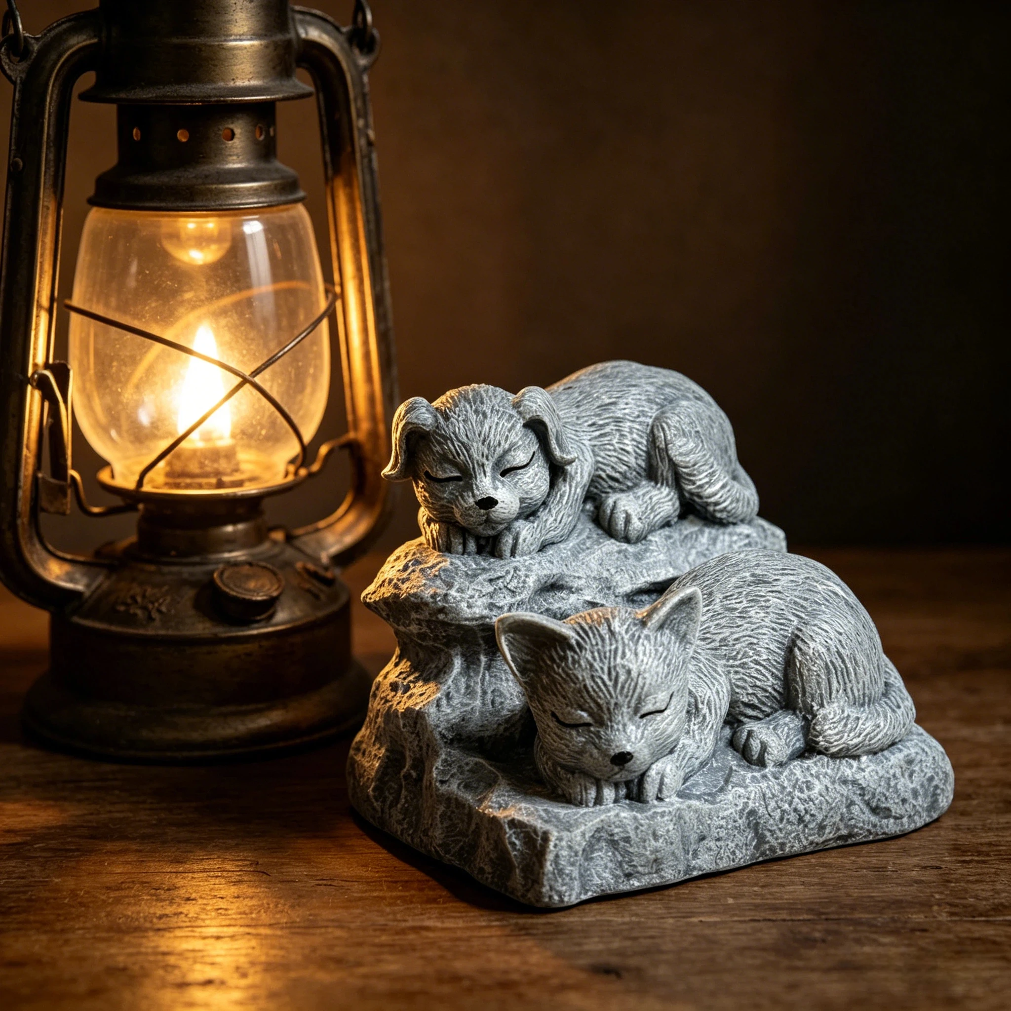 1Pc, Warm and Cozy Cat and Dog Resting Statue - Resin Craft with Stone-Like Texture, Used for Garden Landscaping