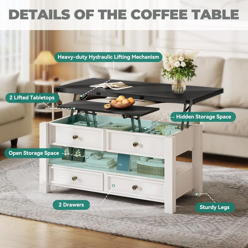 Coffee Table Lift Top, Multi-Function Convertible Coffee Table with Drawers and Hidden Compartment, Converts to Dining