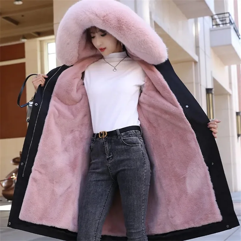 Pai Overcome Coat Women\'s 2024 Winter Imitation Rabbit Hair Inner Fur Jacket Fox Fur Collar Detachable Outwear Thick Female Tops