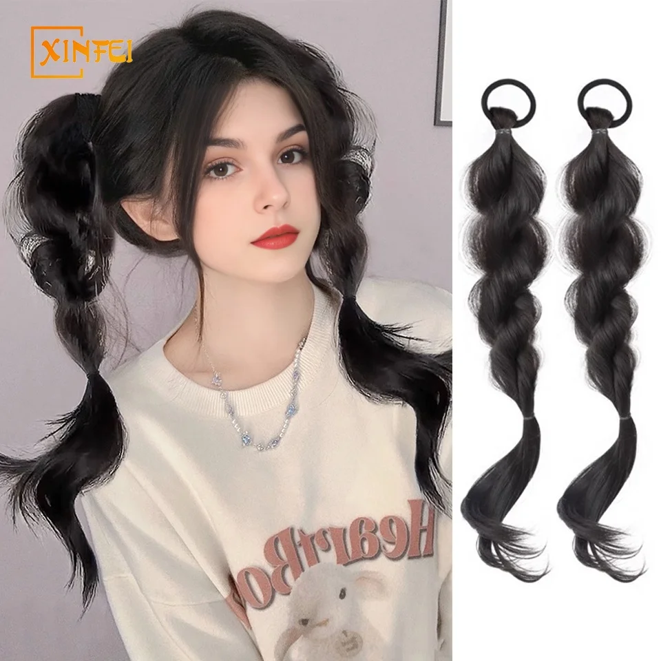 

Synthetic Wig Ponytail Female 18 inch Manga Bubble Braid Double Ponytail Fluffy Sweet Twist Braid Fake Ponytail