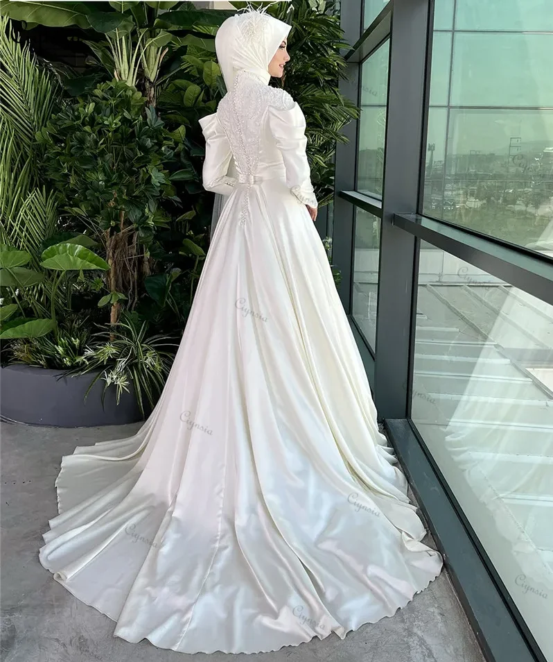 Ciynsia Arabic Long Sleeve Muslim Wedding Dress 2024 Bride Islamic Hijab Bridal Gowns High Neck Satin Vestido De Noiva Casamento