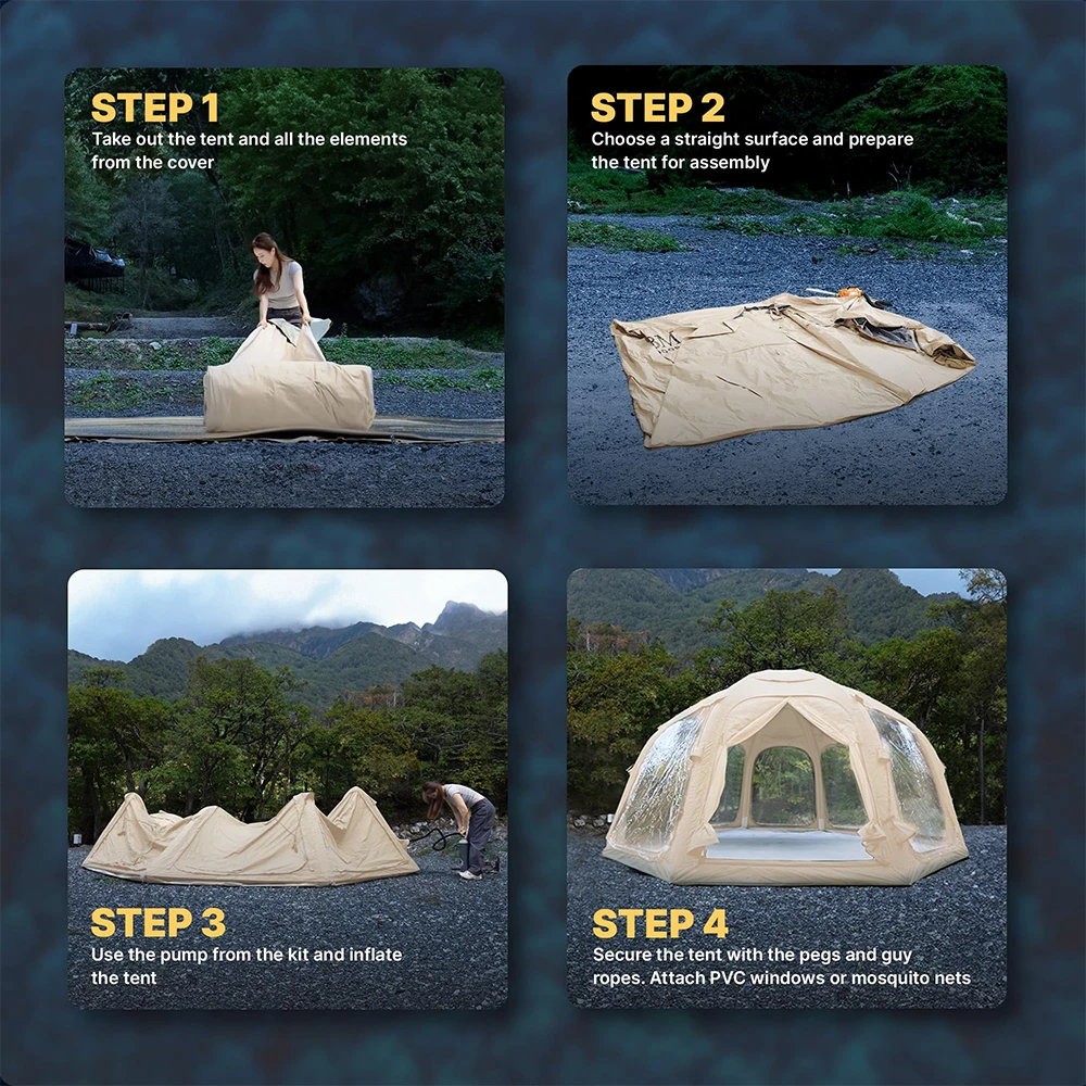 Inflatable Tent 4-8 Person 4-Season with Stove Jack Waterproof Oxford Fabric Luxury Glamping Tent Easy Setup with Carry Bag