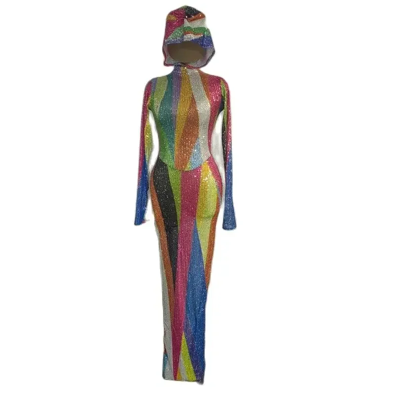 Colorful Sequins Hooded Evening Dress Irregular Striped Party Dresses Women Singer Festival Outfits Stage Catwalk Costume