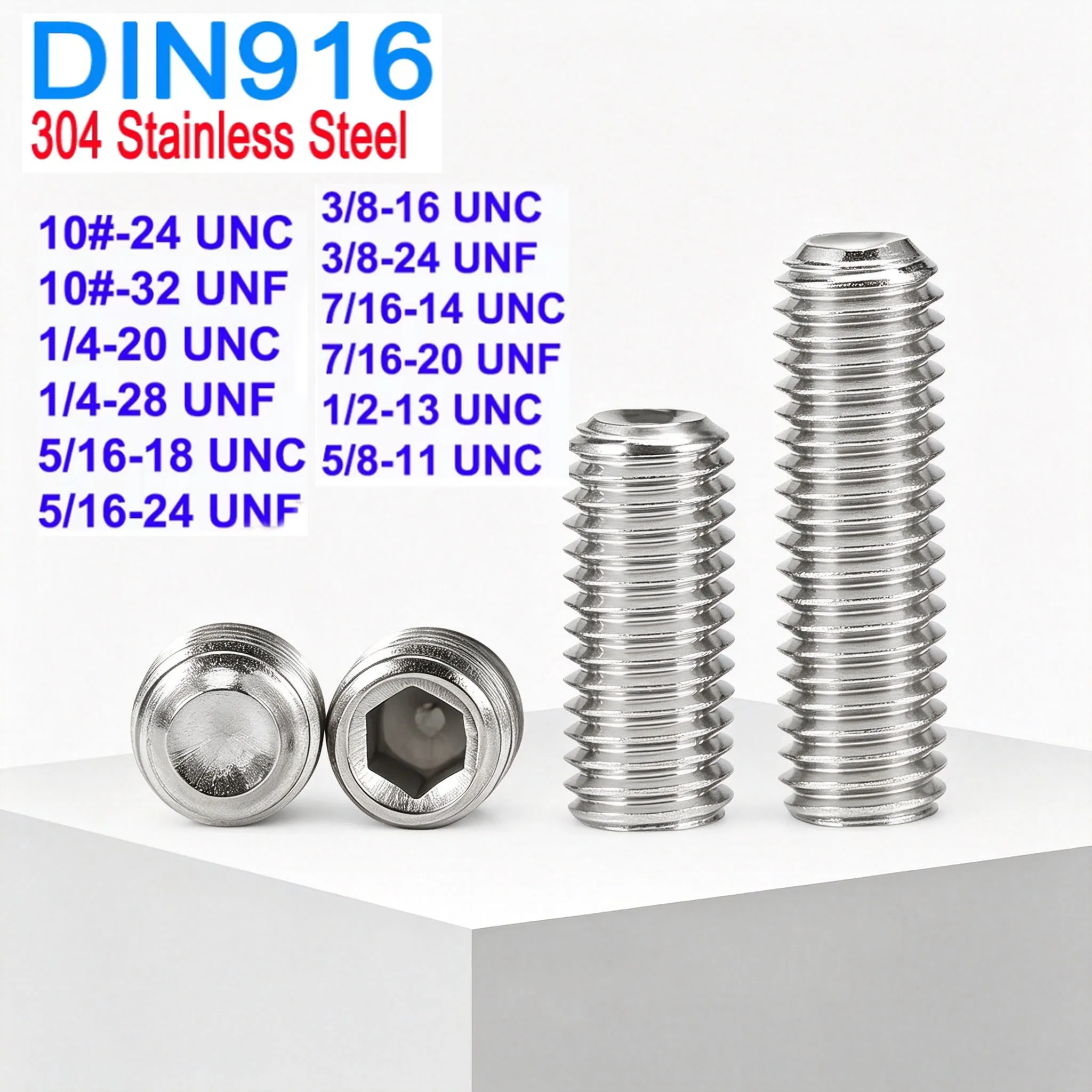 SUS304 A2 DIN916 Hex Socket Cup Point Grub Screws UNC UNF 10#‑5/8'' Headless Allen Set Screw Industrial Fastener Parts