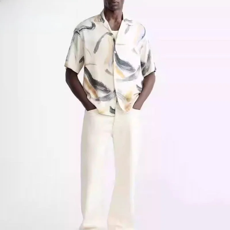 

Spring 2025 Men's Casual Loose Fit ort Sve irt Breathable Watercolor Print Comfortable Faion Urban Sle Spring New ...