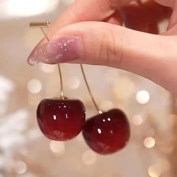 Metal Resin Cherry Fruit Dangle Earrings for Women New Simple Trend Design Jewelry Party Accessories