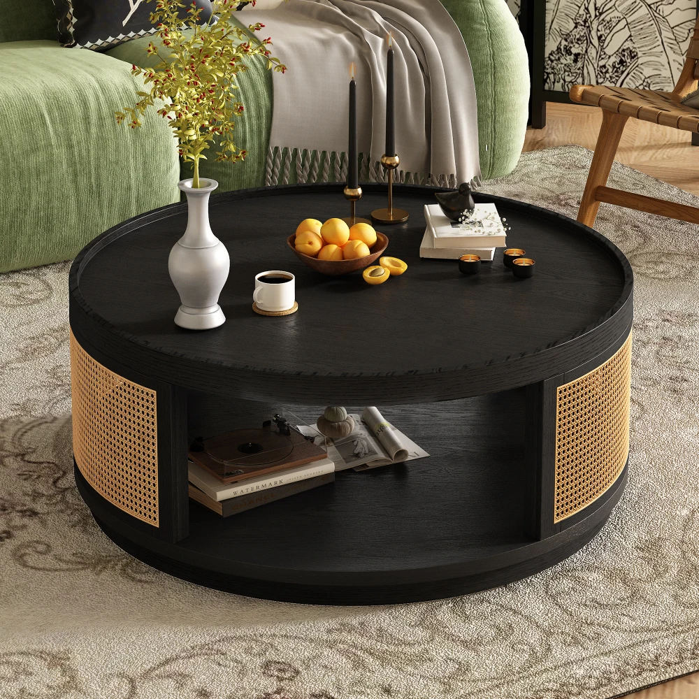 

36.8'' Wooden Mid-Century Modern Coffee Table, Round Cane Coffee Table with PE Rattan Side for Living Room,Brown