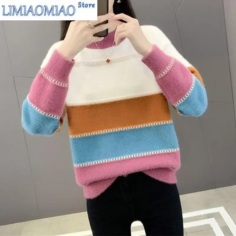 New Autumn/Winter Fashion Korean Edition Colored Mink Fleece Half High Neck Loose Versatile Western Women's Knitted Sweater