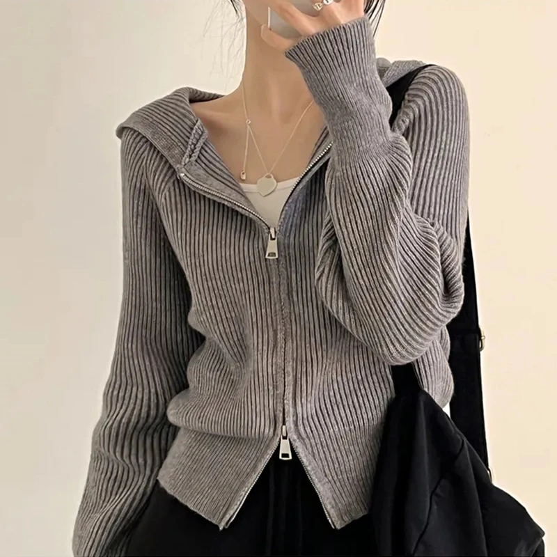 Elegant Women Long Sleeve Cardigan Hooded Sweaters New Fashion Autumn Zipper Knitted Sweaters Office Loose Casual Winter Coat