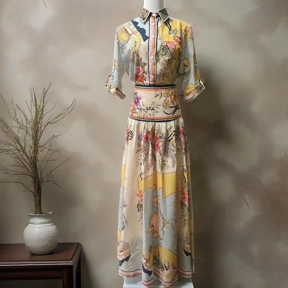 

‘’‘2025 Vacation Linen Nautical Map Pattern Casual Short Sleeve Shirt Long Skirt Casual Two-Piece Set