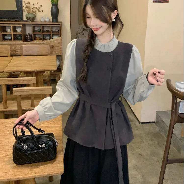 Lana allentata chic da donna con design in legno Autunno Inverno Semplice Sli Trendy Pendolarismo Sle Long Sve Top