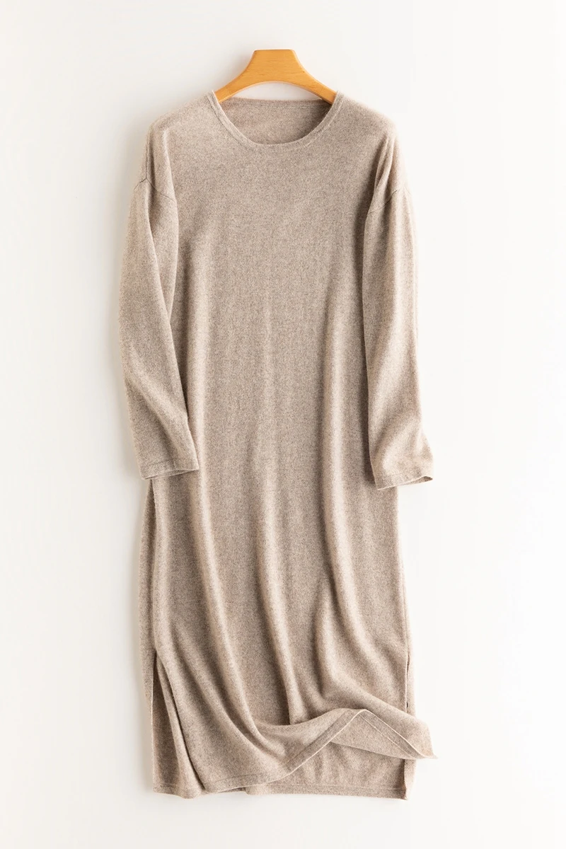 Knitted Cashmere Dress with Loose Pullover, Long Split Wool Dress, New Round Neck, Autumn and Winter