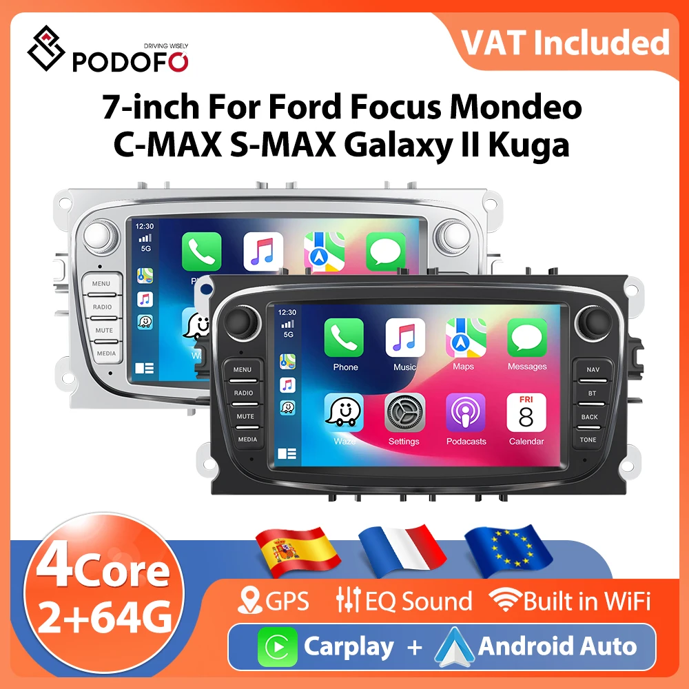 Podofo 7 ''2Din Autoradio Radio Per Ford Focus Mondeo C-MAX S-MAX Auto Stereo GPS Carplay Android Auto BT 2 + 64G Auto Stereo DVD