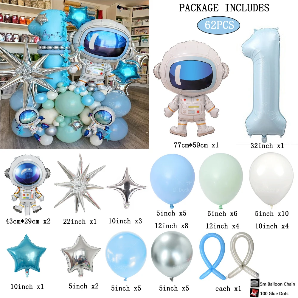 62pcs Outer Space Theme Party Astronaut Balloon 1-9Number Foil Balloons Boy Birthday Party Decorations Kids Baby Shower Gift