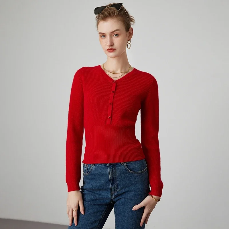 2023 Autumn/Winter New Women's 100% Cashmere Sweater Pullovers Female Elastic Short Tops Lady's Solid Casual Slim Knit Jumper