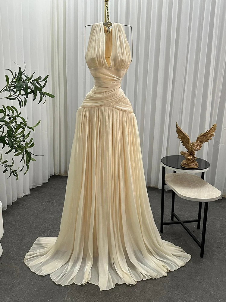 Booma A-lijn Plooi V-hals Glanzende Vrouwen Prom Formele Jurken voor Vrouwen Mouwloze Elegante Avondjurk Aangepaste 2025 - afbeelding 2
