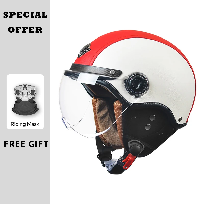 

AD Open Face Helmet White Red Leather Motorcycle Helmets with Clear Lens Retro Vintage Moto 3/4 Jet Half Helmet DOT Approved