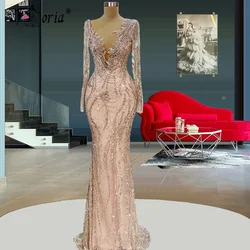 Blush Pink Sheer Neck Mermaid Evening Dresses Long Sleeves Celebrity Gown Beading Dubai Middle East Women Special Occasion Dress