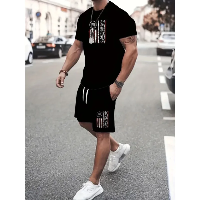 

2025 модная мужская повседневная футболка с круглым вырезом и дышащие шорты, комплект летней спортивной одежды на открытом воздухе