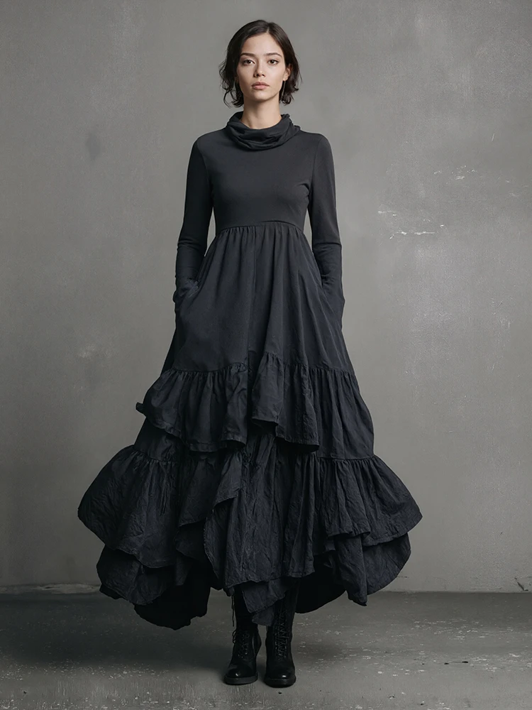 Vestido feminino com gola alta, manga comprida, preto, minimalista, plissado, em camadas, gótico, casual, retrô, bolsos, linha a, vestidos chiques