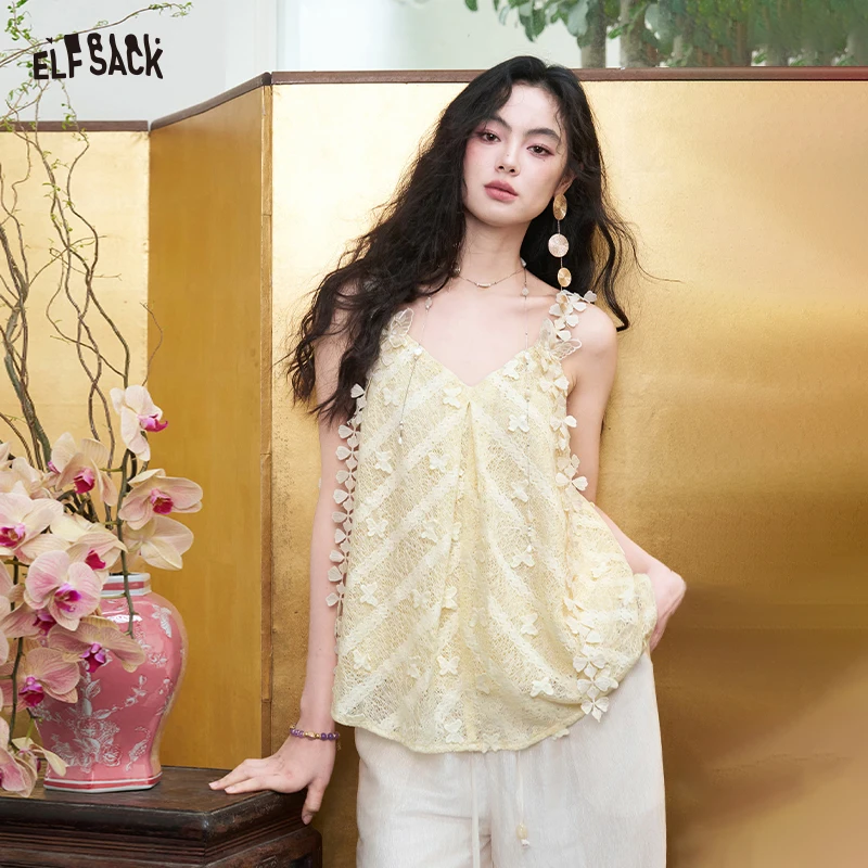 

ELFSACK Floral 3D Lace Cami Top, V-Neck Flowy Sheer Tank Top, Romantic Casual Summer Camisole for Women