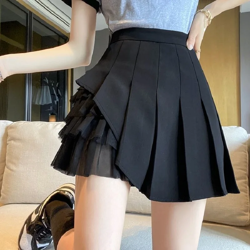 Korean version Designer Mesh Patched Pleated Skirts Women High Waist Slim Short Dresses Korean Style White Chiffon  Mini Skirts