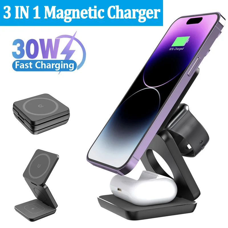 30W 3 in 1 Magnetic Foldable Wireless Charger Stand Pad for iPhone 15 14 13 12 Apple Watch 8 7 Airpods Pro Fast Charging Station