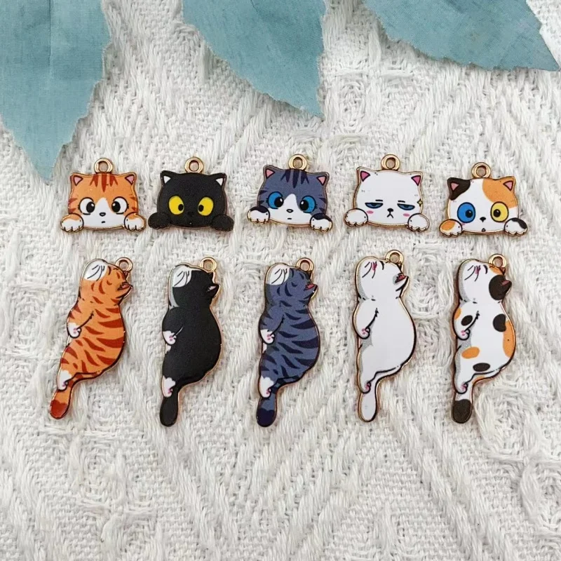 10PCs Cartoon Enamel Cat Charms Animal Cartoon Pendants Gold Color Metal DIY Bracelets Necklace Jewelry Making