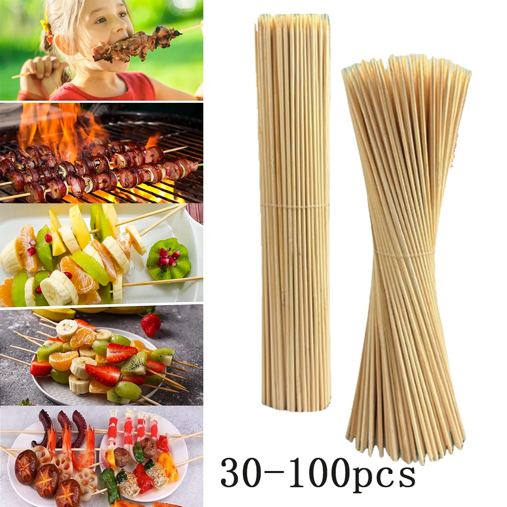 30-100 Uds herramientas de barbacoa comida desechable brocheta de bambú palos largos se aplican para fiesta Buffet desgaste comida fruta pollo carne de cordero