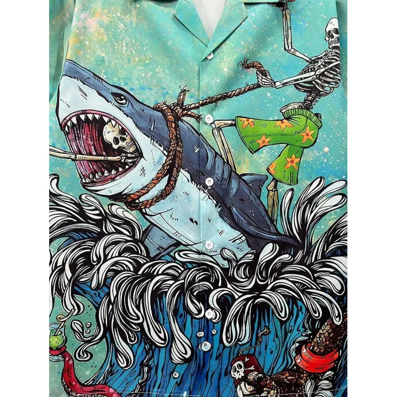 140g four-way stretch base shirt printed with cute and eccentric skull and shark cartoon design