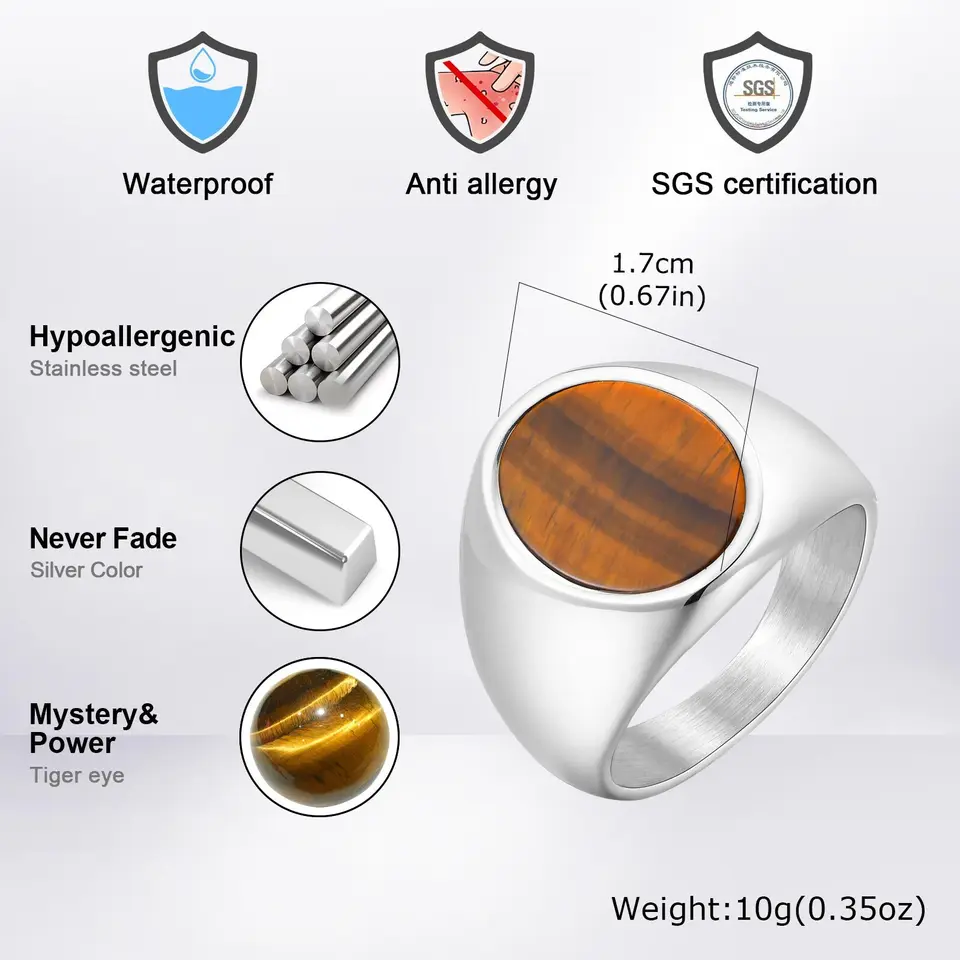 Vnox Oval Tiger Eyes Stainless Steel Ring for Men Size 7-12