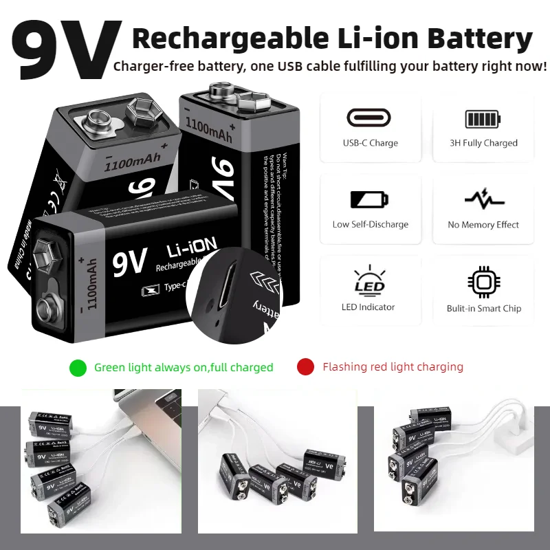 

9V Lithium Ion Battery Rechargeable 1100mAh USB Type-C 6F22 for RC Helicopter, Multimeter, Toy, Guitar Pedal, Smoke Alarm