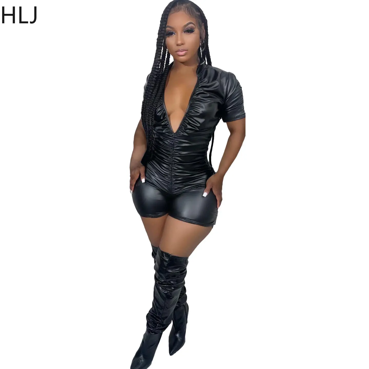 HLJ Black Sexy Deep V Short Sleeve Bodycon Rompers Women Stacking Design Slim Shorts One Piece Jumpsuit Female Nightclub Overall