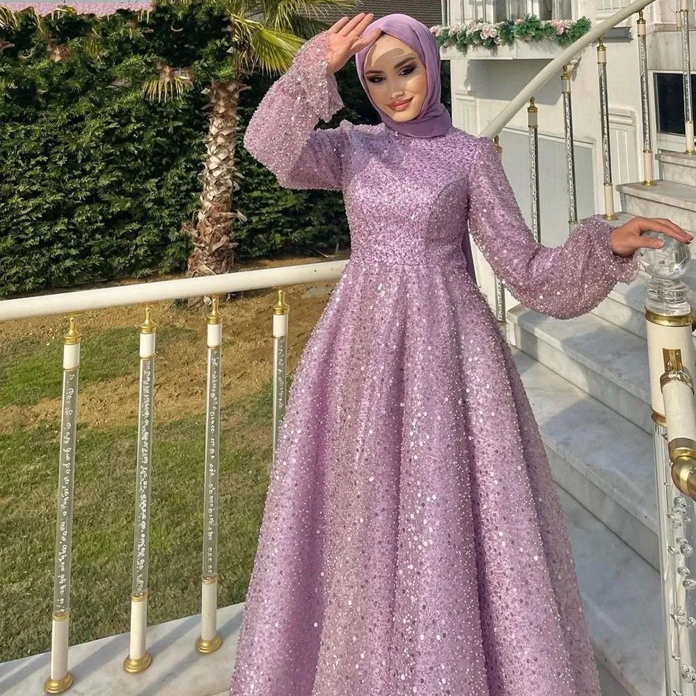 

Dubai Beads Sequin Formal Evening Dresses High Neck Long Sleeves Aline Ankle Prom Party Christmas Gowns Robe De Soriee