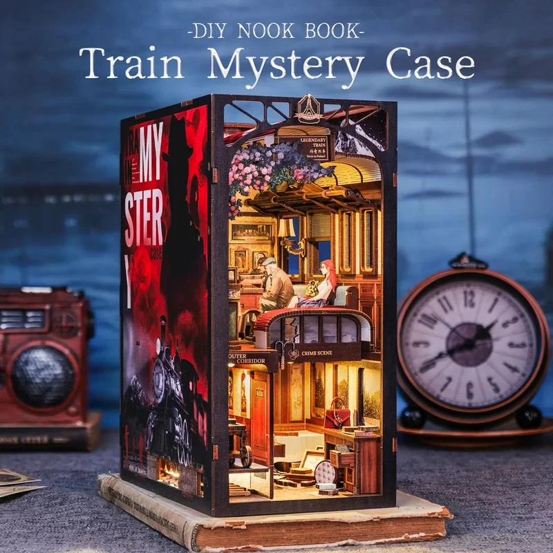 DIY Book Nook 3D Puzzle Wooden Dollhouse Touch Light, Dust Cover, Bookshelf Insert, Gift, Detective, Train Mystery