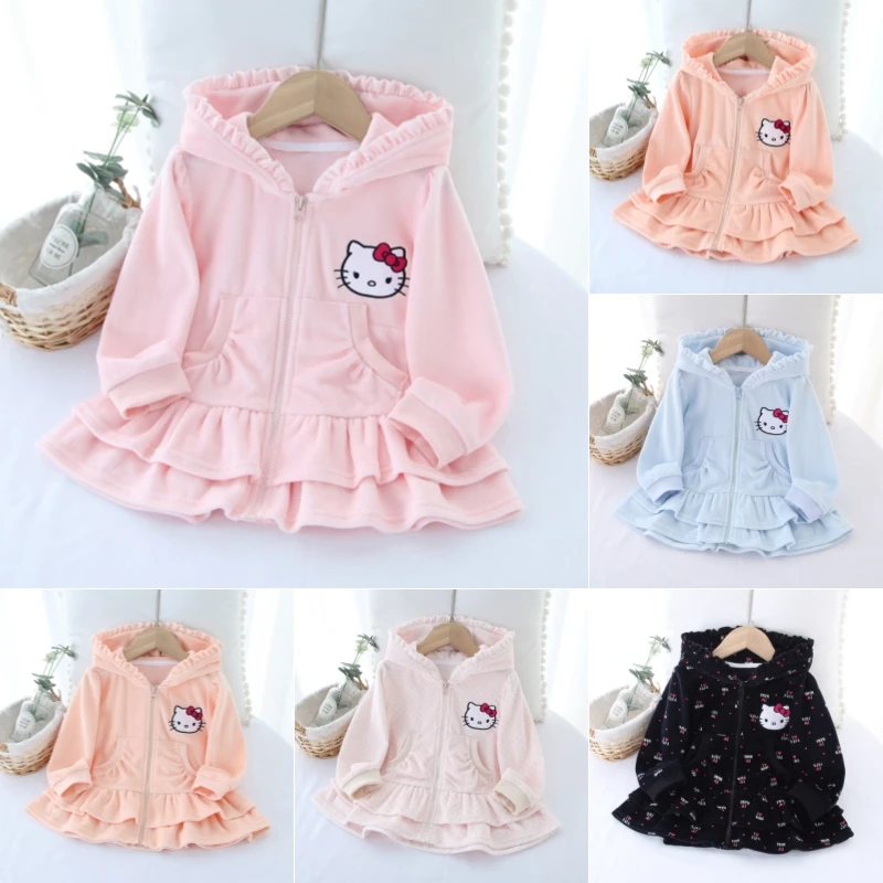 Hello Kitty Dresses Sanrios Anime New Girl Jacket Spring Autumn Model Children Hooded Zipper Shirt Female Baby Velvet Clothes