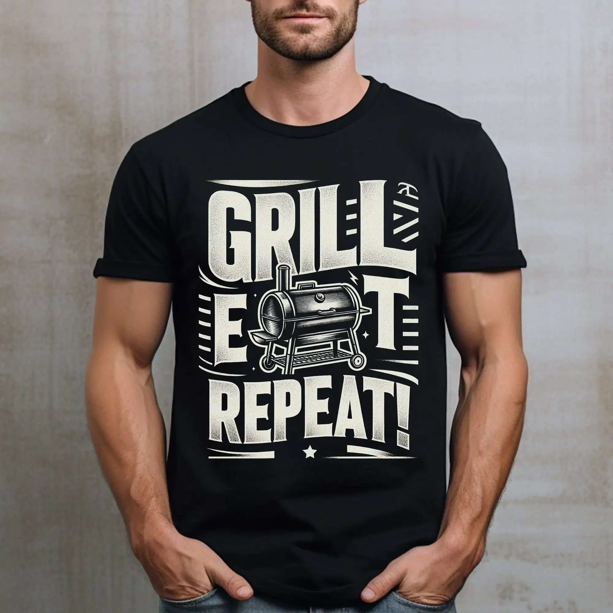 Camiseta divertida para papá, parrilla, comer, repetir, ahumador, carne, barbacoa