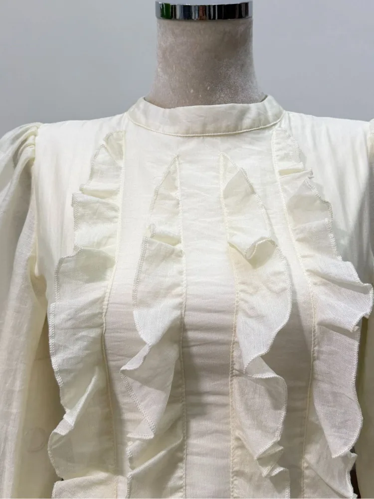 DFDG 2025 Vestido feminino com babados em camadas, elegante, gola redonda, manga comprida, cintura, casual, primavera, outono, curto, emagrecimento, vestido de férias