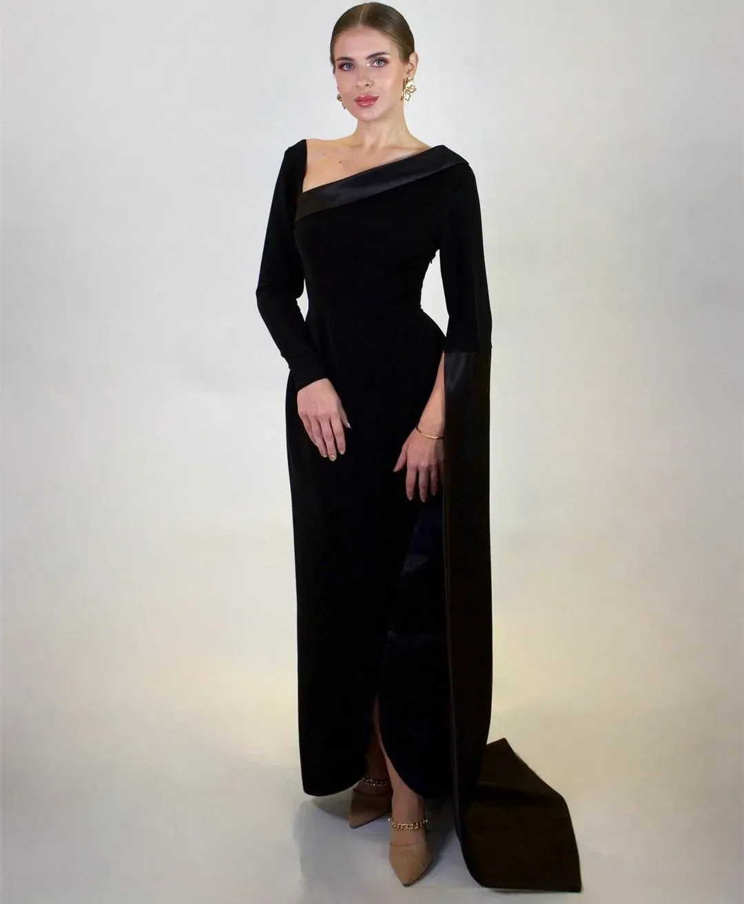 

OIMG Saudi Classy Long Sleeve Black Evening Dresses Sheath Party Gowns Crepe فساتين السهرة Ankle Length Prom Dress for Women