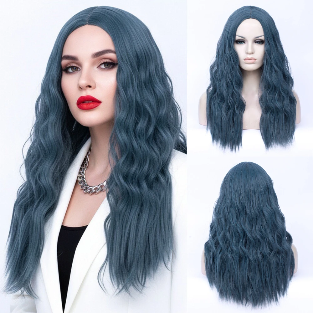 

Длинный синий волнистый боб синтетический парик боковая часть термостойкий для женщин косплей сценическое представление