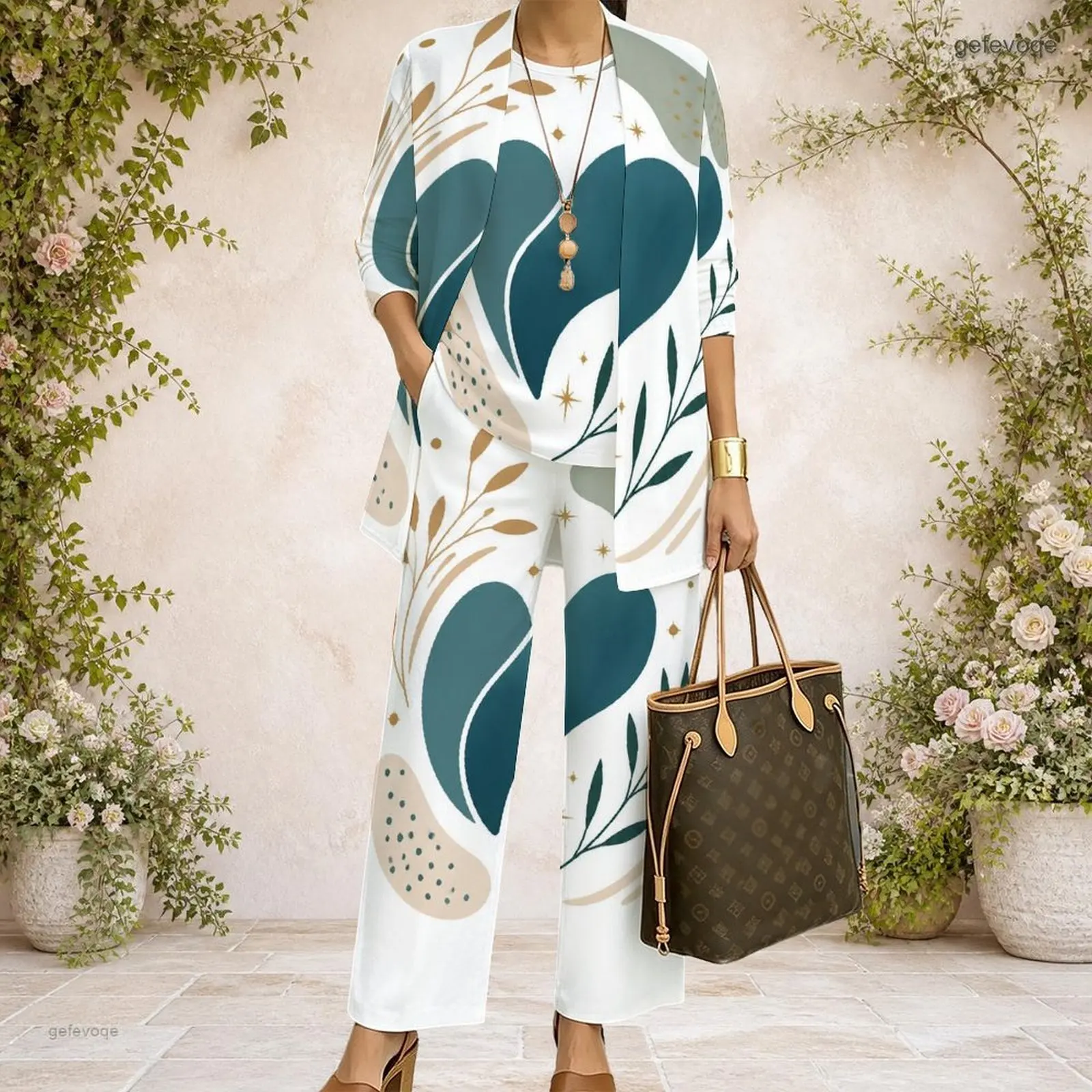 Women 3 Piece Outfit Mid Sleeve Open Cardigan With Tank Top And Wide Leg Pants Set Custom Print Ladies Casual Loungewear