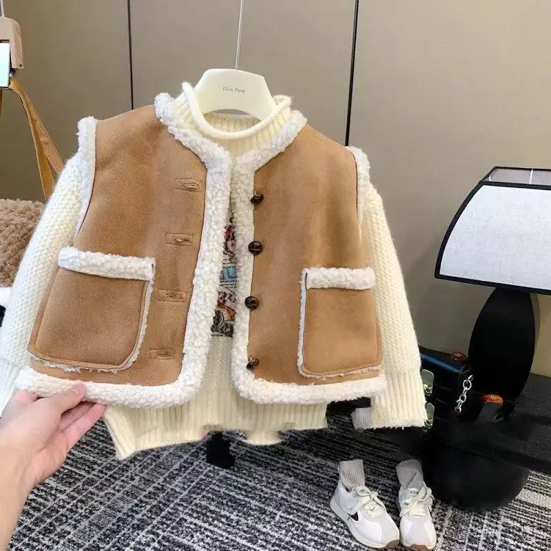 

Boys and Girls Vest Deer Skin Velvet Composite Lamb Fleece Winter Warm Shoulder Top 2025 New Children's Clothes