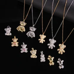 Stainless Steel Chain Classic Shiny Zircon Cute Bear Pendant Necklace for Women Lady Vintage Jewelry Accessories Gifts