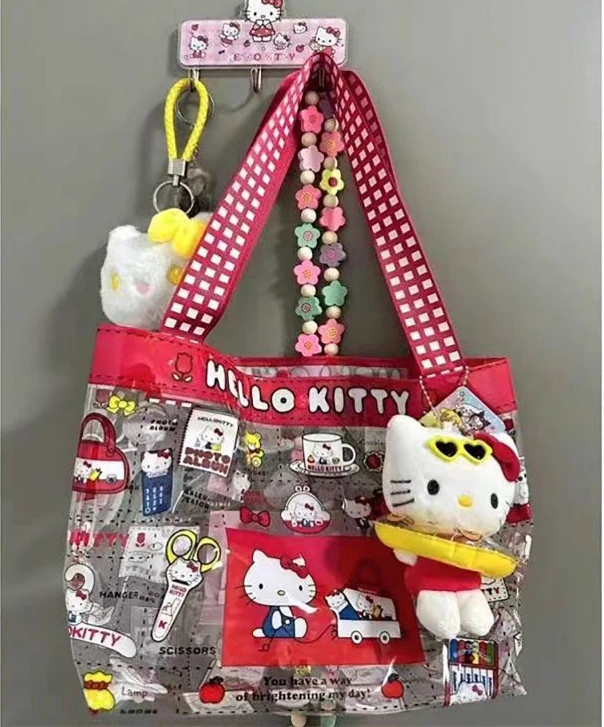 

2024 New Red Kitty Cat PVC Handbag Cute Student Transparent Waterproof Large -capacity Swimming Bag Hellokittys Jelly Bag