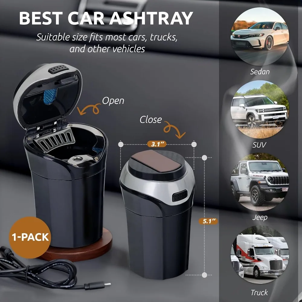 Car Ashtray with Blue LED Light & Lighter, Easy Clean Detachable Stainless Steel, Fits Most Cup Holders