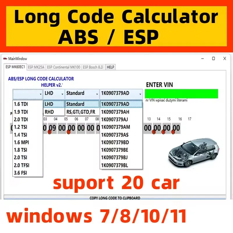 

Calculadora de código largo ABS ESP para unidades Bosch ESP, cambios a adaptaciones y códigos VAG VCDS, número VIN, compatible c