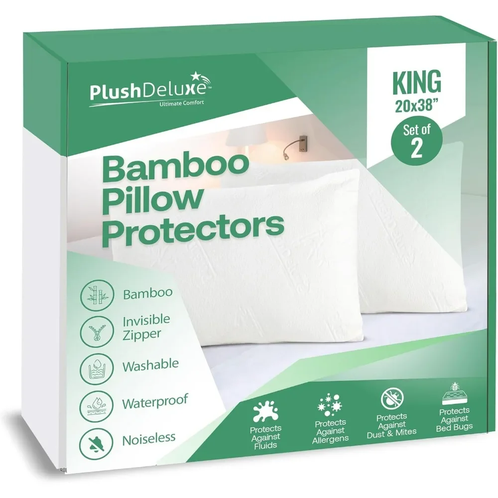 Waterproof King Pillow Protector Set of 2 Hypoallergenic Zippered Dust Mite Proof Bamboo Derived Viscose